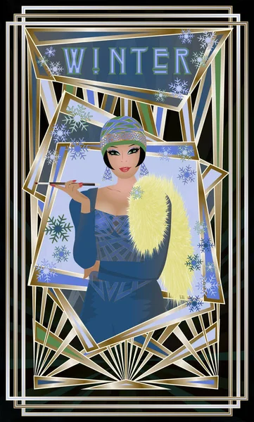 Invierno Estaciones Chica Tarjeta Art Deco Vector Ilustración — Archivo Imágenes Vectoriales