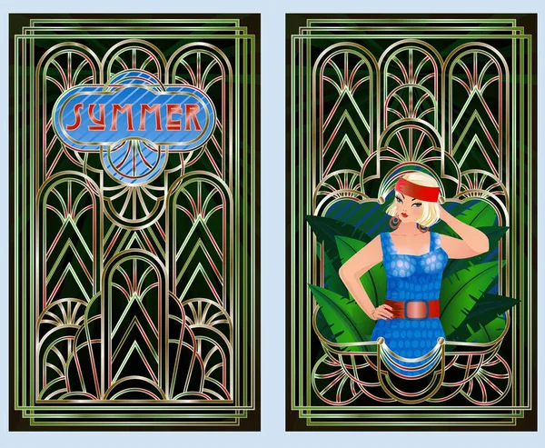Letnie Sezony Kobieta Art Deco Karty Gratulacyjne Wektor Ilustracji — Wektor stockowy
