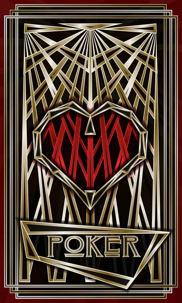 Tarjeta Póquer Art Deco Hearts Estilo Casino Ilustración Vectorial — Archivo Imágenes Vectoriales