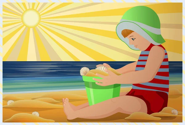 Zomer Kaart Kleine Jongen Spelen Het Strand Vector Illustratie — Stockvector