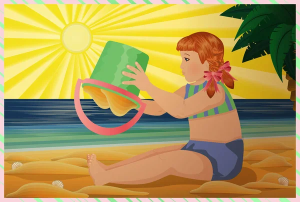 Papier Peint Été Petite Fille Jouant Sur Plage Illustration Vectorielle — Image vectorielle