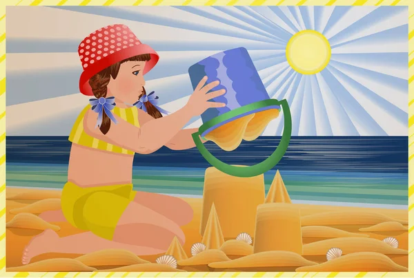 夏天的背景 小女孩在海滩上建造沙堡 病媒图解 — 图库矢量图片