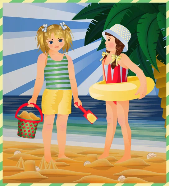 Letnia Kartka Dwie Dziewczynki Plaży Ilustracja Wektora — Wektor stockowy