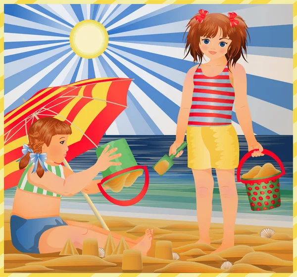 夏天卡片 两个小女孩在海滩上 矢量说明 — 图库矢量图片#
