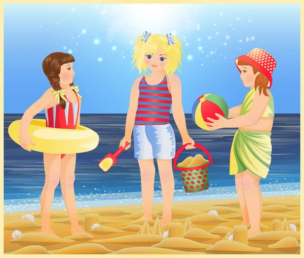 Summer Background Three Little Girls Playing Beach Vector Illustration — Stock Vector