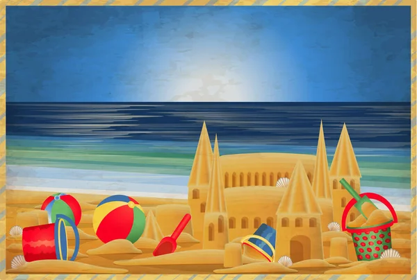ビーチで砂の城やおもちゃと夏の壁紙 ベクトルイラスト — ストックベクタ