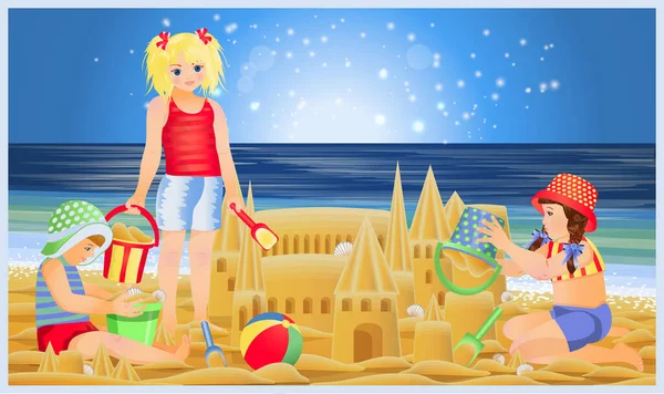 夏のバナー 小さな男の子と女の子はビーチで砂の城を構築します ベクターイラスト — ストックベクタ