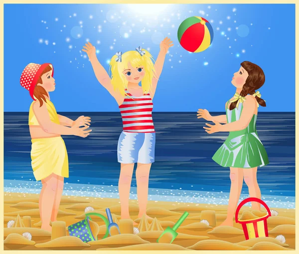 Sommerkarte Drei Kleine Mädchen Beim Ballspielen Strand Vektorillustration — Stockvektor