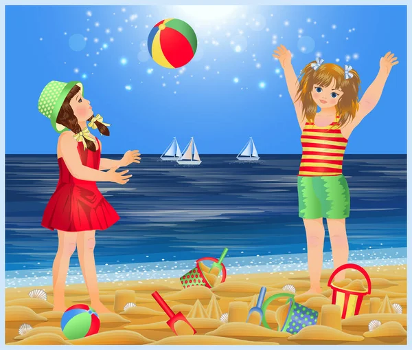 Summer Card Cute Little Girls Playing Ball Beach Vector Illustration — Stock Vector