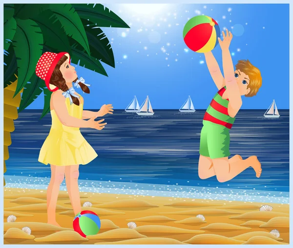 夏の招待カード かわいい小さな子供がビーチでボールをしています ベクターイラスト — ストックベクタ