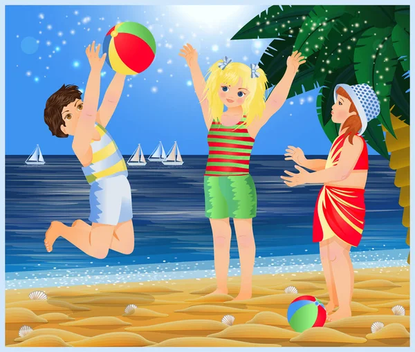 Carte Horaire Été Petit Enfant Jouant Ballon Sur Plage Illustration — Image vectorielle
