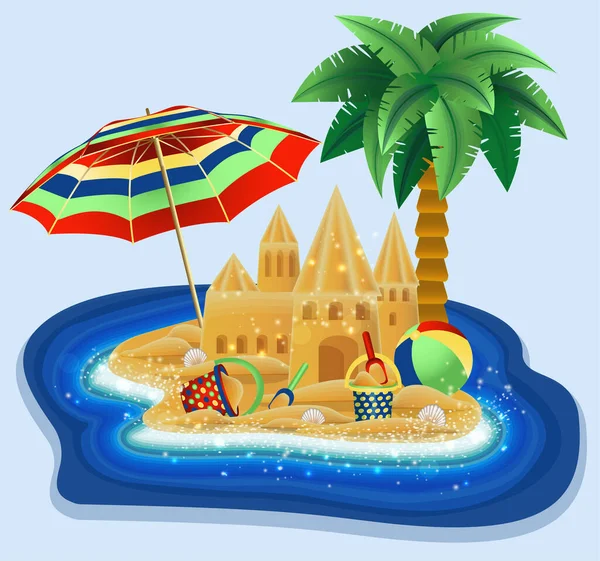 Isla Tropical Verano Con Castillos Arena Juguetes Para Niños Playa — Vector de stock