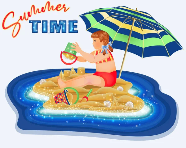 Estate Carta Isola Tropicale Con Carina Bambina Sulla Spiaggia Illustrazione — Vettoriale Stock