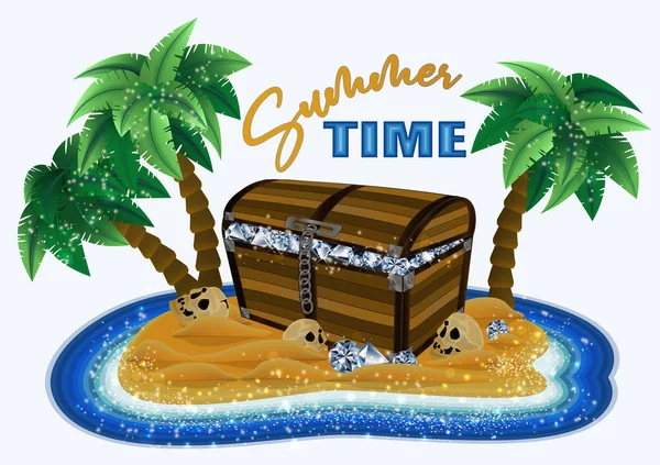 Summer Time Card Tropical Island Treasure Diamonds Chest Vector Illustration — ストックベクタ