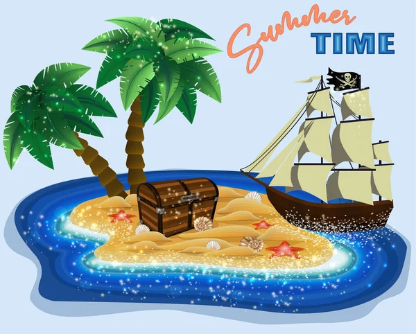 夏時間の背景 宝箱と海賊船と熱帯の島 ベクトルイラスト — ストックベクタ