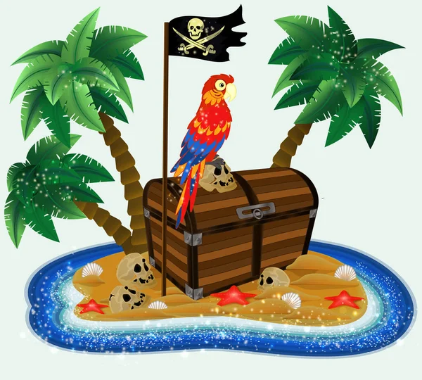 夏季时间卡 带有海盗头颅的热带岛屿 宝箱和金刚鹦鹉 病媒图解 — 图库矢量图片