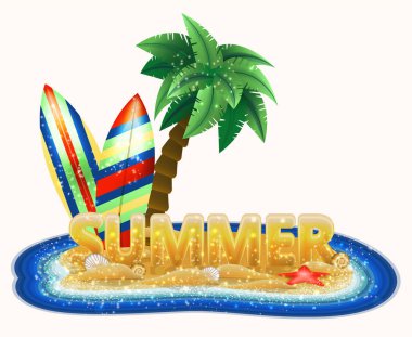 Plajda palmiye ve sörf tahtaları olan tropikal yaz adası, vektör çizimi