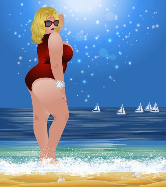 プラスサイズ性的女の子オンザビーチ 夏時間 ベクトルイラスト — ストックベクタ
