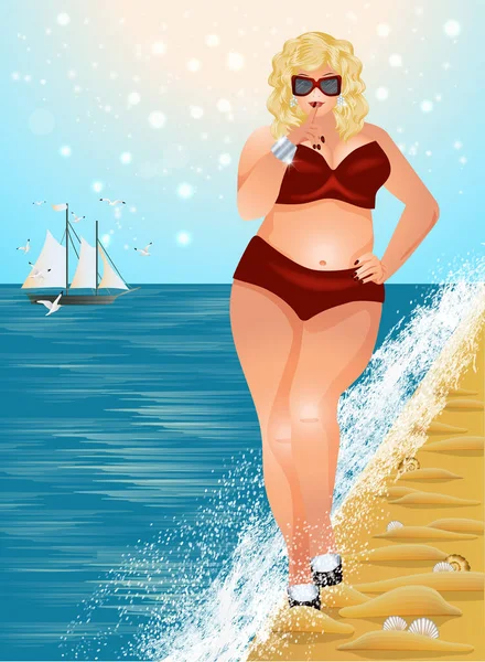 Плюс Размер Красивая Женщина Пляже Летнее Время Векторная Иллюстрация — стоковый вектор