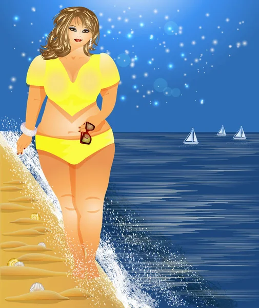 Artı plajda güzel bir kız, yaz saati kartı, vektör çizimi.