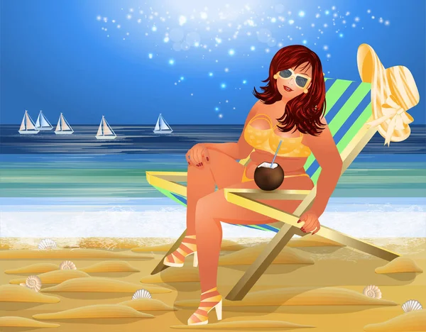 Artı, tropikal plajda hindistan cevizi sütü, yaz saati kartı ve vektör illüstrasyonlu şehvetli bir kadın.