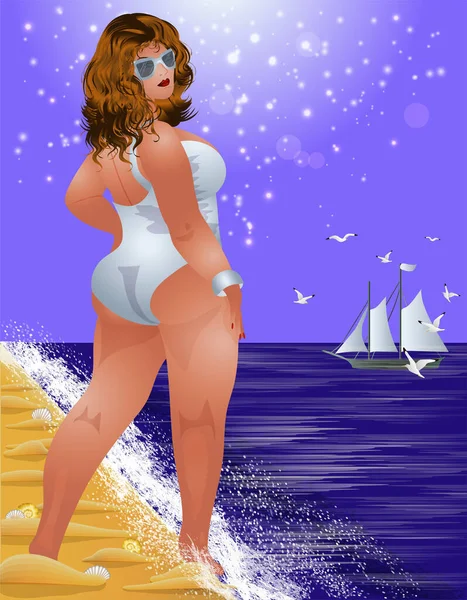 Size Seksuele Vrouw Het Strand Zomer Tijd Achtergrond Vector Illustratie — Stockvector