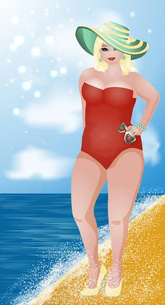 Grootte Mooie Vrouw Het Strand Zomer Tijd Vector Illustratie — Stockvector