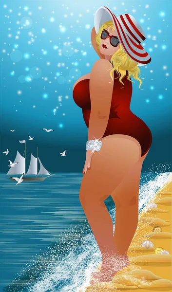 Artı plajda güzel bir kadın, yaz saati kartı, vektör çizimi.