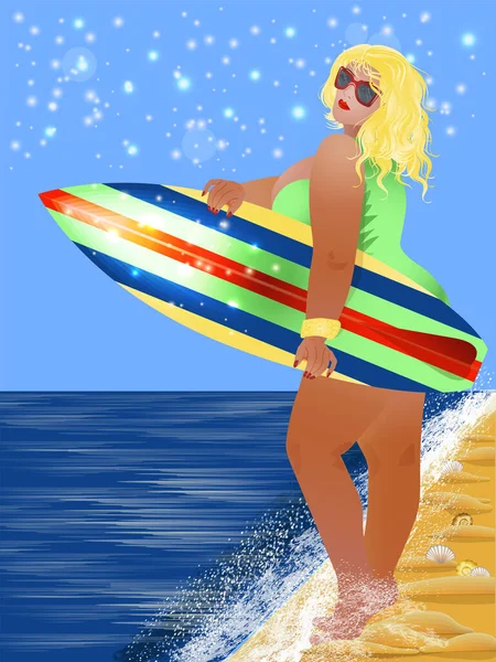 再加上海滩上有冲浪板的金发女人夏季贺卡病媒图解 — 图库矢量图片