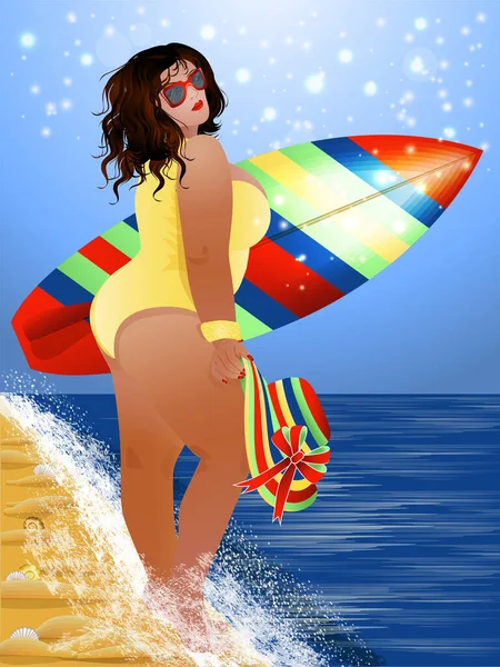 再加上海滩上有冲浪板的漂亮女人夏季邀请卡病媒图解 — 图库矢量图片
