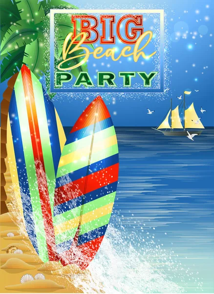 Big Beach Party Summer Card Con Tavole Surf Nave Illustrazione — Vettoriale Stock