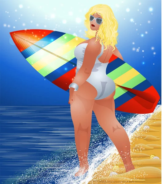 Size Sexy Frau Mit Surfbrettern Strand Sommerkarte Vektorillustration — Stockvektor