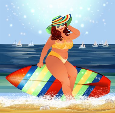 Artı plajda sörf tahtası olan bir kadın, yaz zamanı VIP kartı, vektör illüstrasyonu.