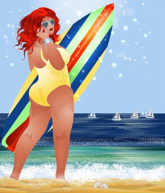 Artı plajda sörf tahtası olan bir kadın, yaz dönemi arka planı, vektör illüstrasyonu.