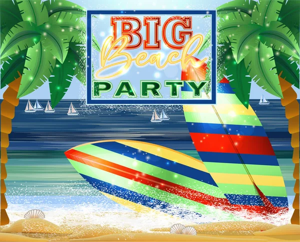 Big Beach Party Vip Kaart Met Surfplanken Palmboom Schip Vectorillustratie — Stockvector