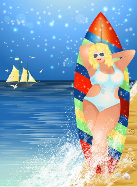 Size Blonde Vrouw Met Surfplank Het Strand Zomer Uitnodiging Kaart — Stockvector