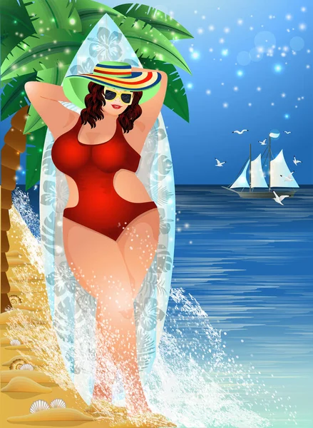 Size Woman Surfboard Beach Summer Time Card Vector Illustration —  Vetores de Stock