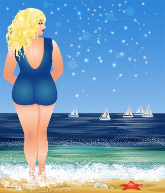 Artı plajda güzel bir kadın, yaz saati kartı, vektör çizimi.