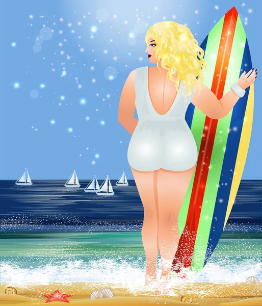 Плюс Размер Женщины Доской Серфинга Пляже Летнее Время Векторная Иллюстрация — стоковый вектор