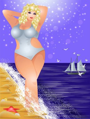 Artı plajda seksi bir kadın, yaz zamanı tebrik kartı, vektör illüstrasyonu.