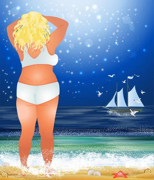 Mujer Rubia Tamaño Grande Playa Fondo Hora Verano Ilustración Vectorial — Archivo Imágenes Vectoriales