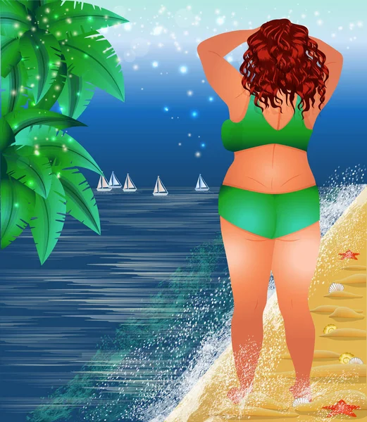 Συν Μέγεθος Γυναίκα Στην Παραλία Κάρτα Καλοκαίρι Διανυσματική Απεικόνιση — Διανυσματικό Αρχείο