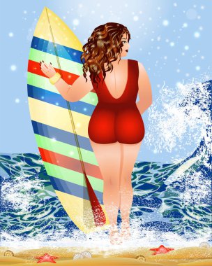 Artı, sörf tahtası, okyanus dalgaları, vektör illüstrasyonu olan bir kadın.