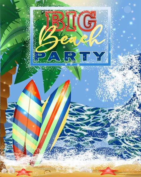 Big Beach Party Invitation Card Surfboards Palm Tree Ship Vector — Stockvector