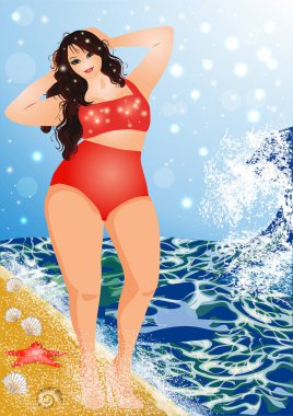 Artı plajda güzel bir kız, yaz saati kartı, vektör çizimi.