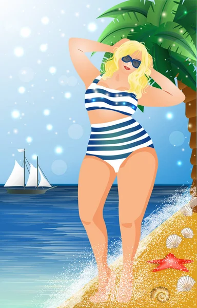 Size Sexy Meisje Het Strand Zomer Wenskaart Vector Illustratie — Stockvector