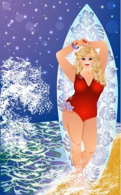 Artı plajda sörf tahtası olan güzel bir kız, yaz zamanı, vektör çizimi.