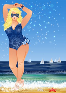 Artı plajdaki boyutta seksi kız, yaz zamanı VIP kartı, vektör illüstrasyonu.