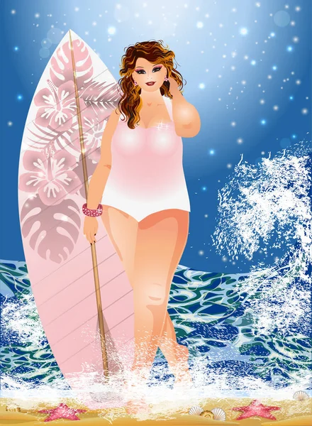 Size Girl Surfboard Beach Summer Time Greeting Card Vector Illustration — Stockvektor