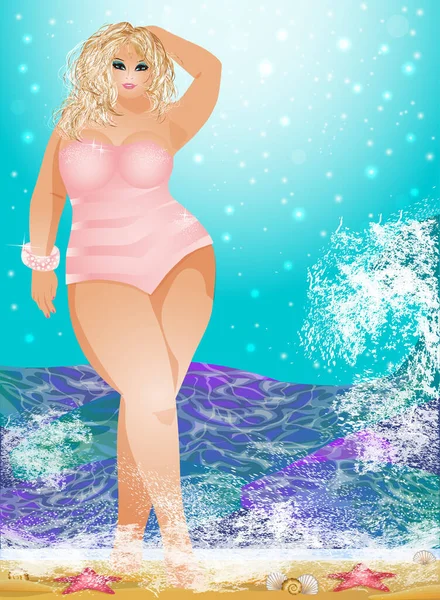 Size Blond Meisje Het Strand Zomer Uitnodiging Kaart Vector Illustratie — Stockvector